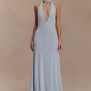 Juliet Slinky Maxi Dress With Scarf - Pale Blue