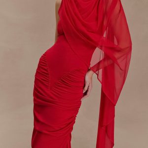Amandine Ruched Slinky Maxi Dress - Ruby