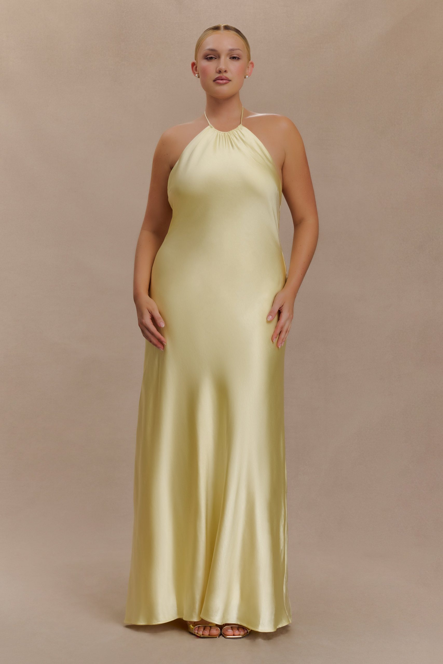 Bella Satin Halter Maxi Dress - Lemon - Image 2
