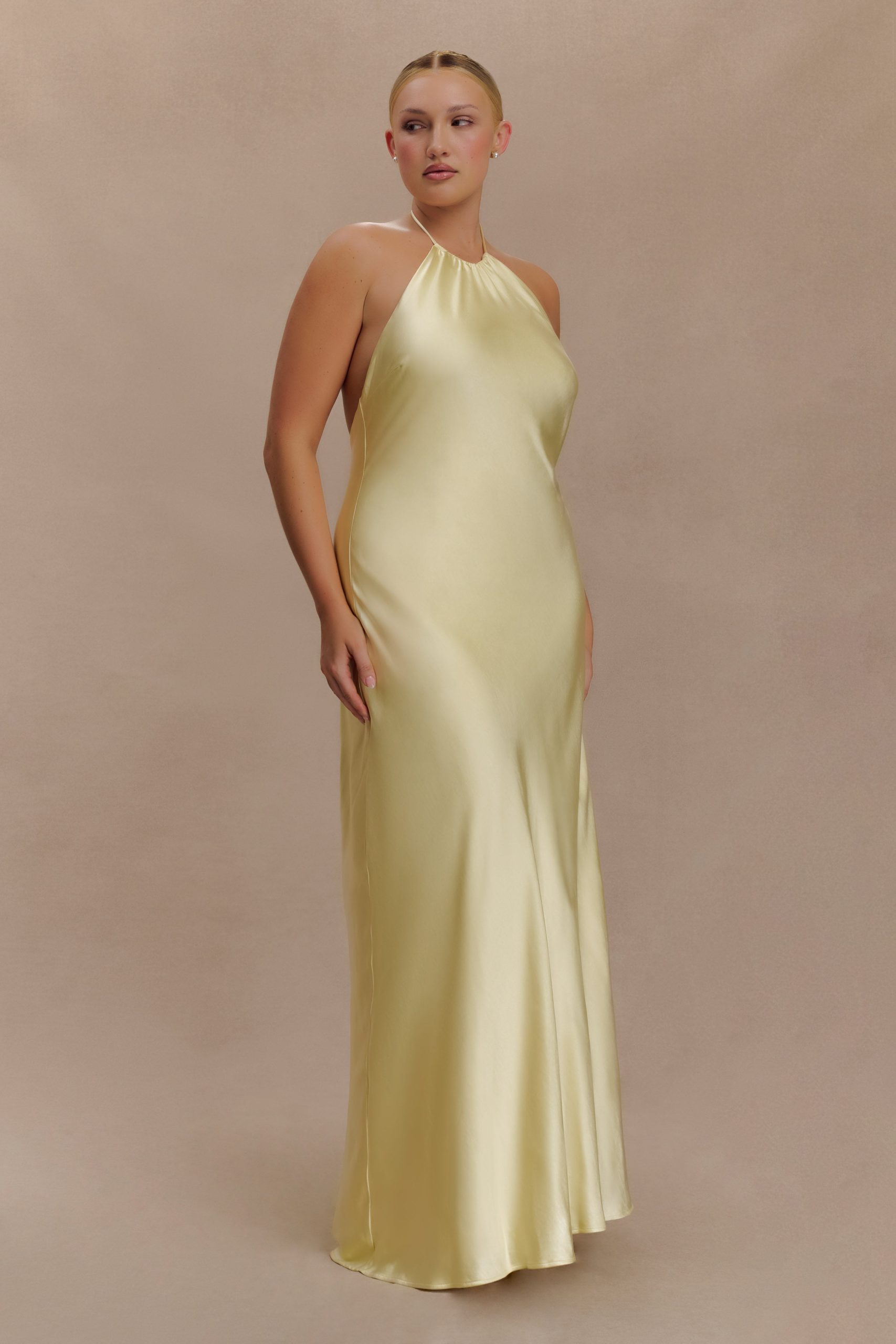 Bella Satin Halter Maxi Dress - Lemon - Image 6