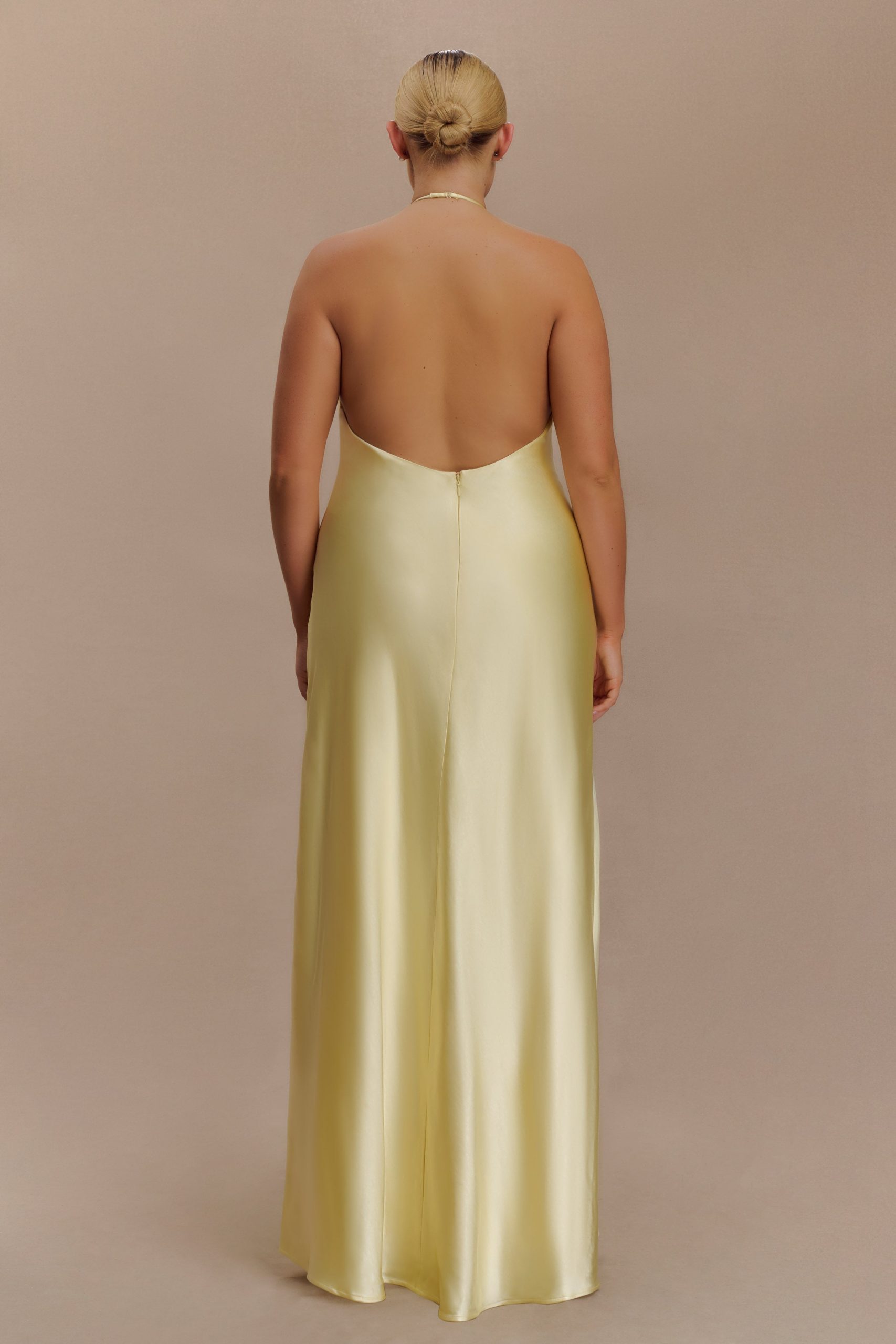 Bella Satin Halter Maxi Dress - Lemon - Image 4