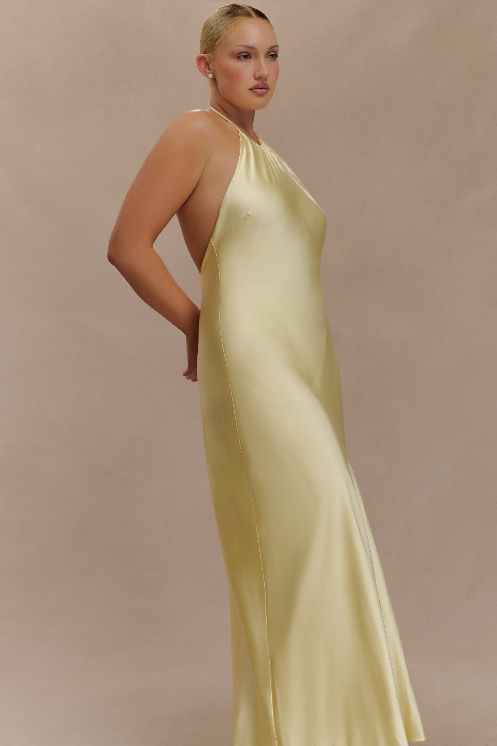Bella Satin Halter Maxi Dress - Lemon - Image 8