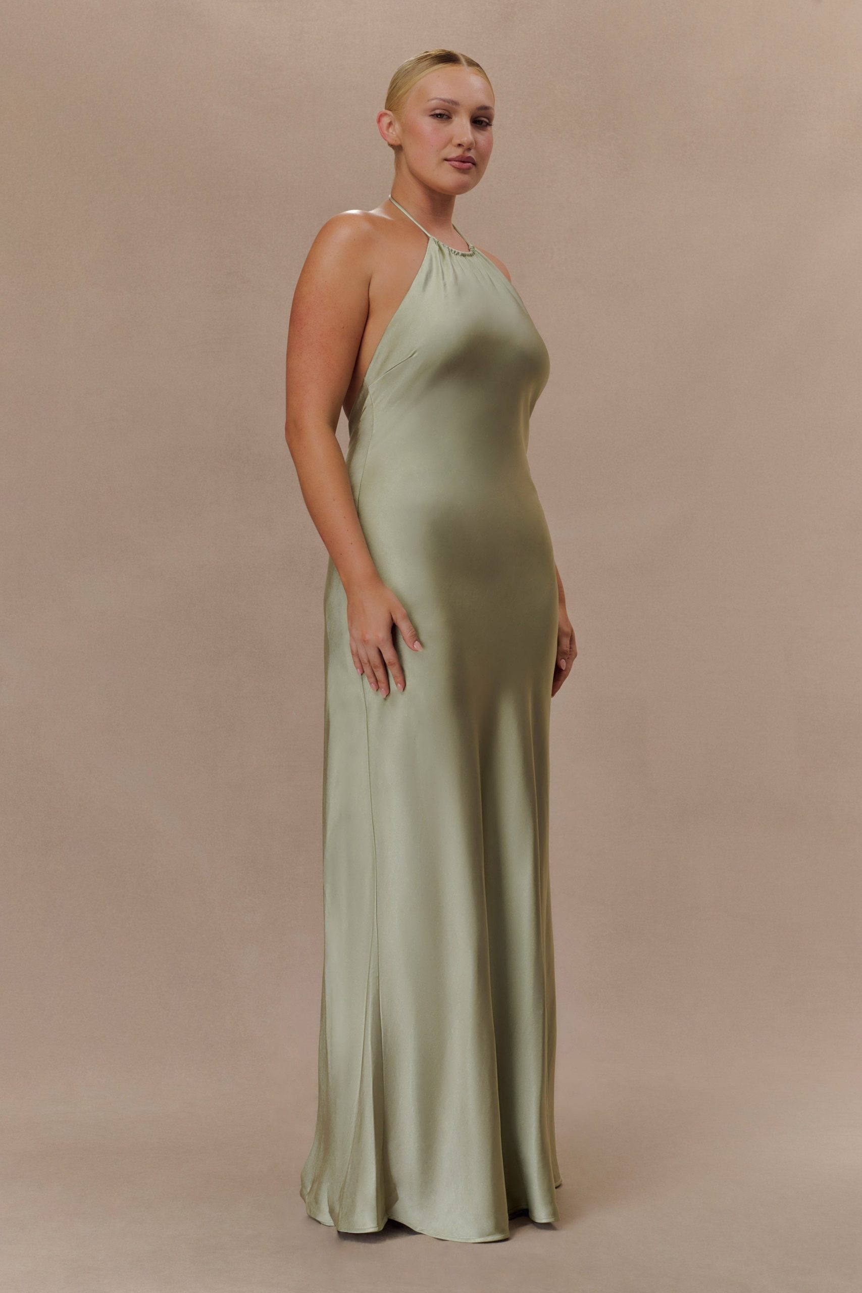 Bella Satin Halter Maxi Dress - Sage - Image 5