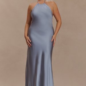 Bella Satin Halter Maxi Dress - Frosted Blue