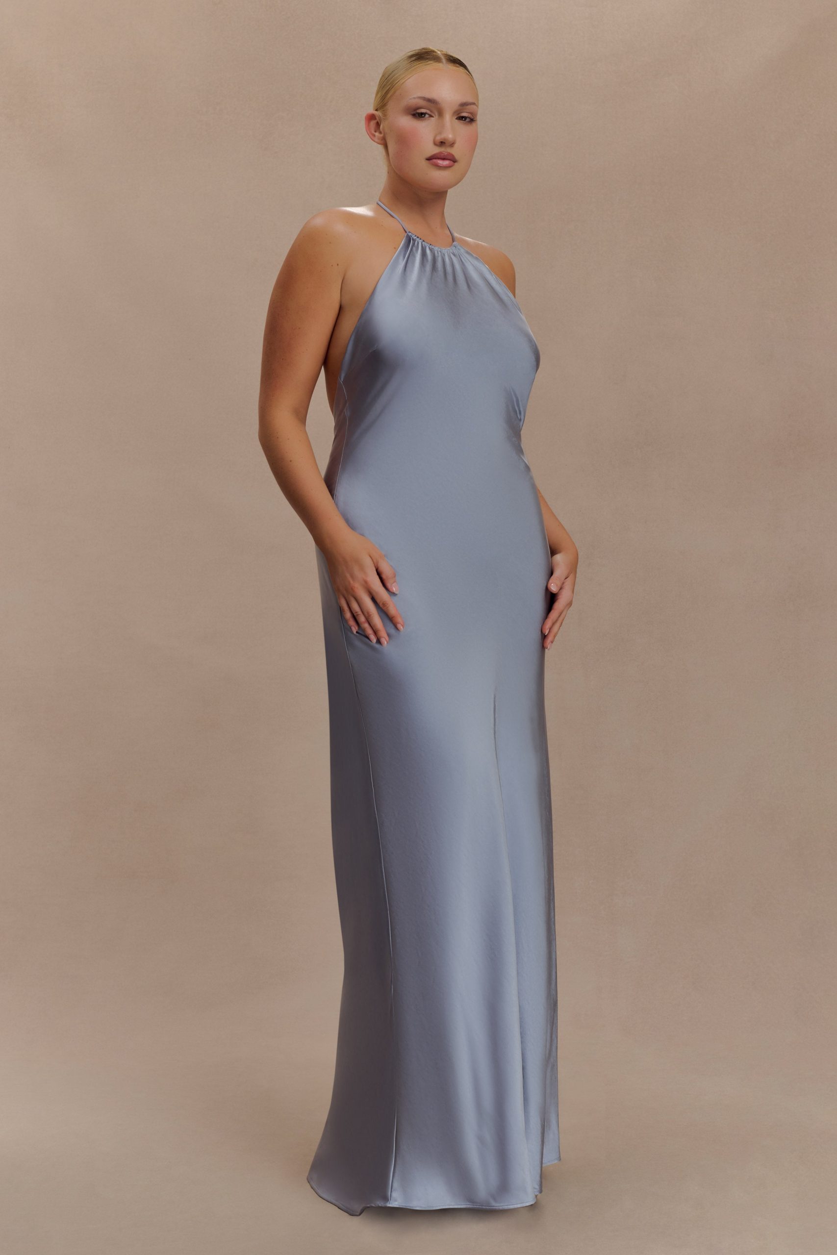 Bella Satin Halter Maxi Dress - Frosted Blue - Image 7