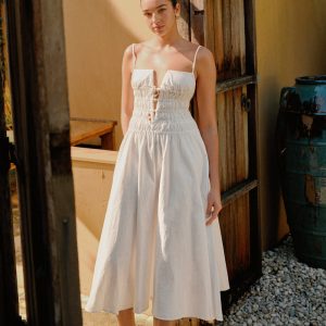 Elias Shirred Cotton Midi Dress - White