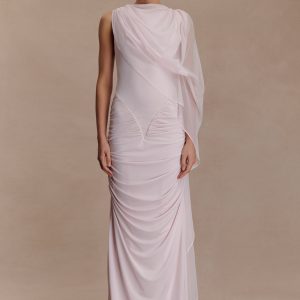 Amandine Ruched Slinky Maxi Dress - Pale Pink
