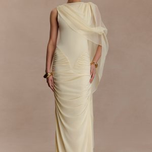 Amandine Ruched Slinky Maxi Dress - Lemon