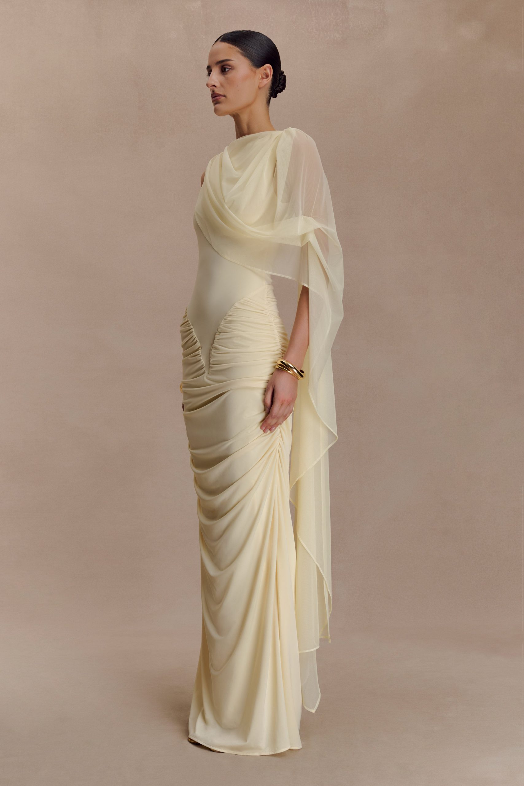 Amandine Ruched Slinky Maxi Dress - Lemon - Image 3