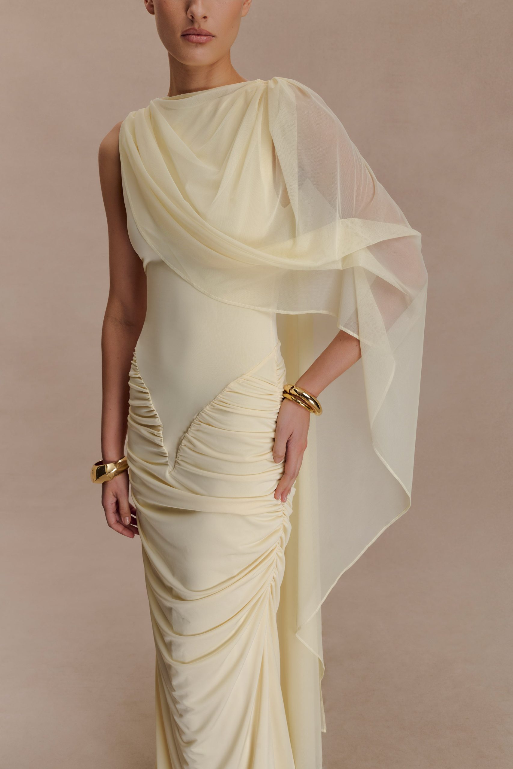 Amandine Ruched Slinky Maxi Dress - Lemon - Image 6