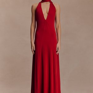 Juliet Slinky Maxi Dress With Scarf - Ruby