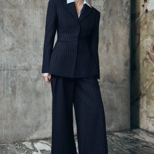 Jacqueline Pleated Wide Leg Pants - Navy Pinstripe