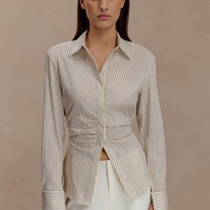Millie Tie Back Cotton Shirt - Beige Pinstripe
