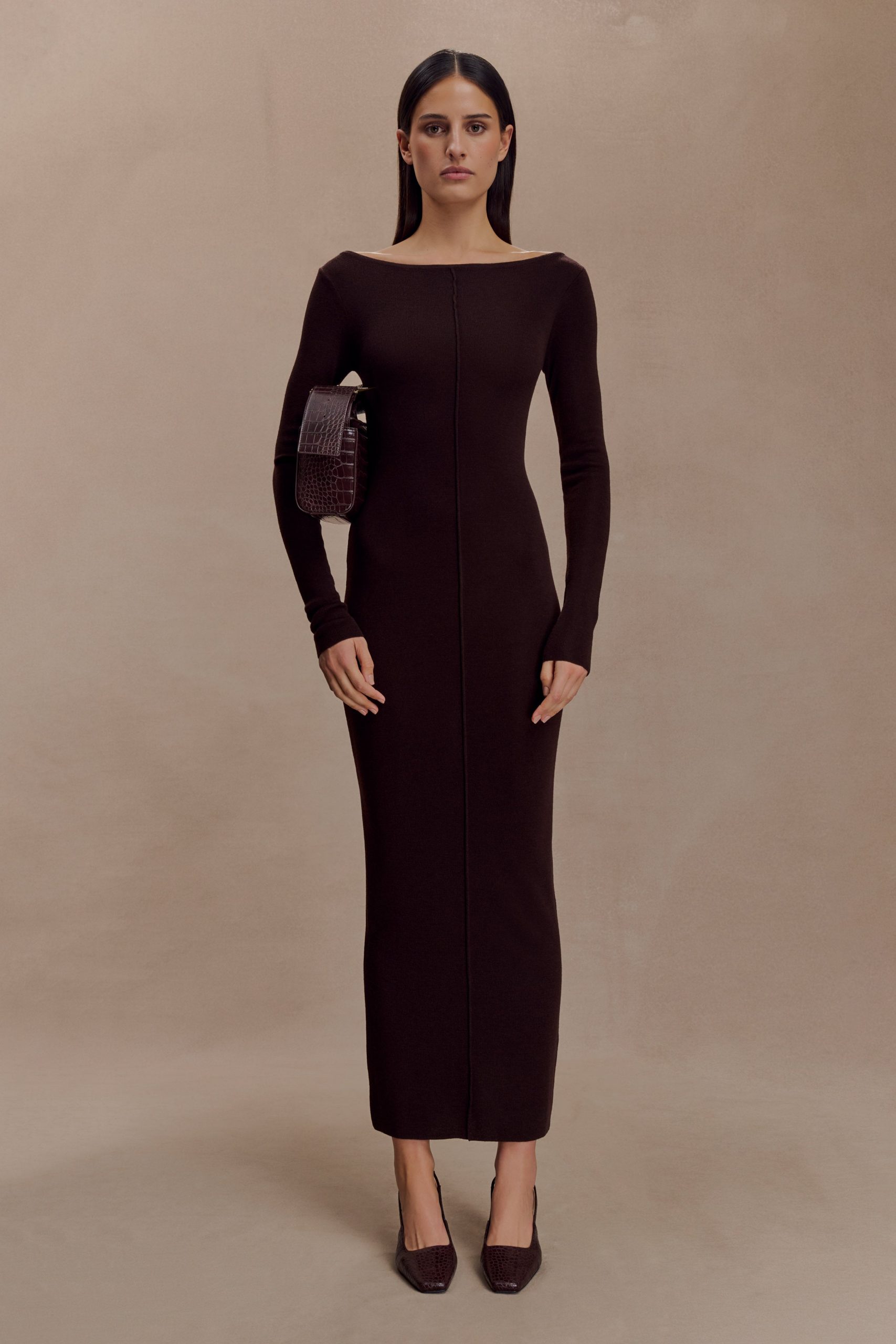 Cleona Merino Wool Ribbed Long Sleeve Maxi Dress - Deep Chocolate - Image 2