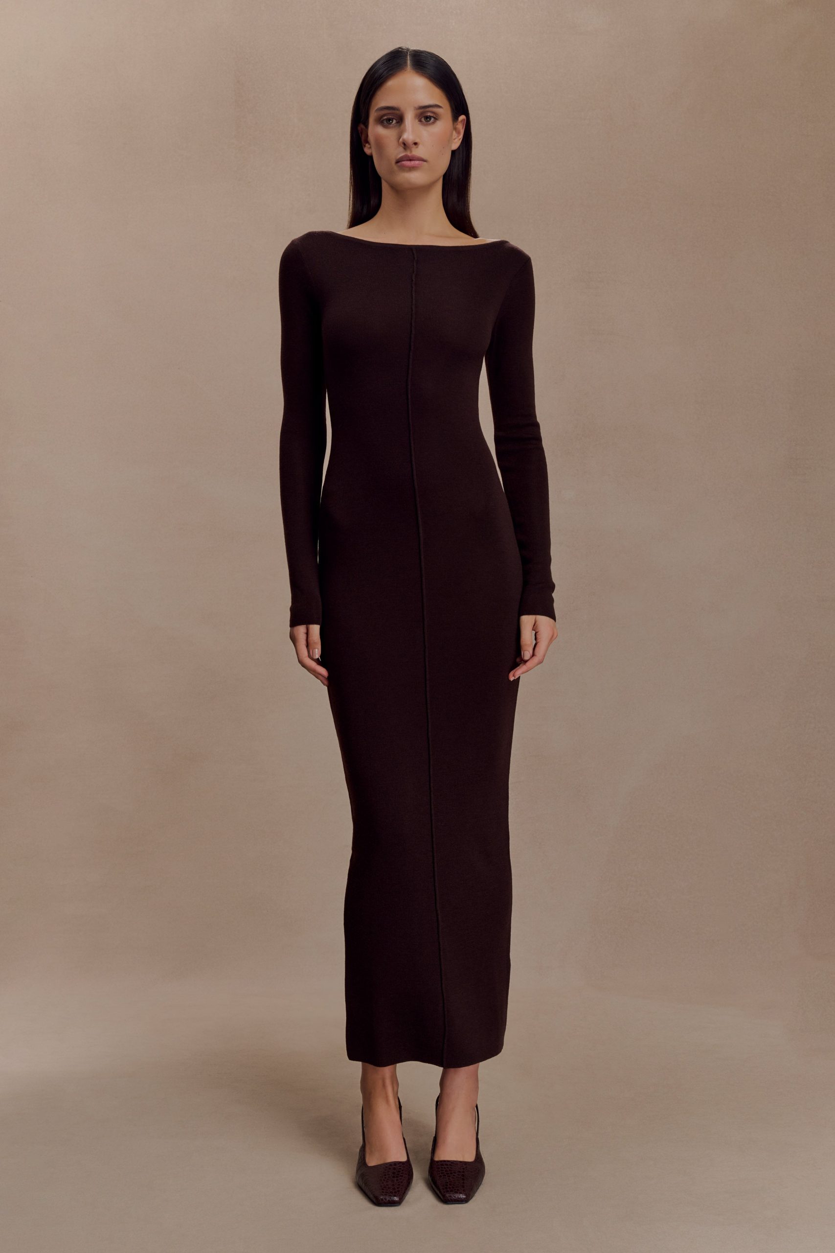 Cleona Merino Wool Ribbed Long Sleeve Maxi Dress - Deep Chocolate - Image 5