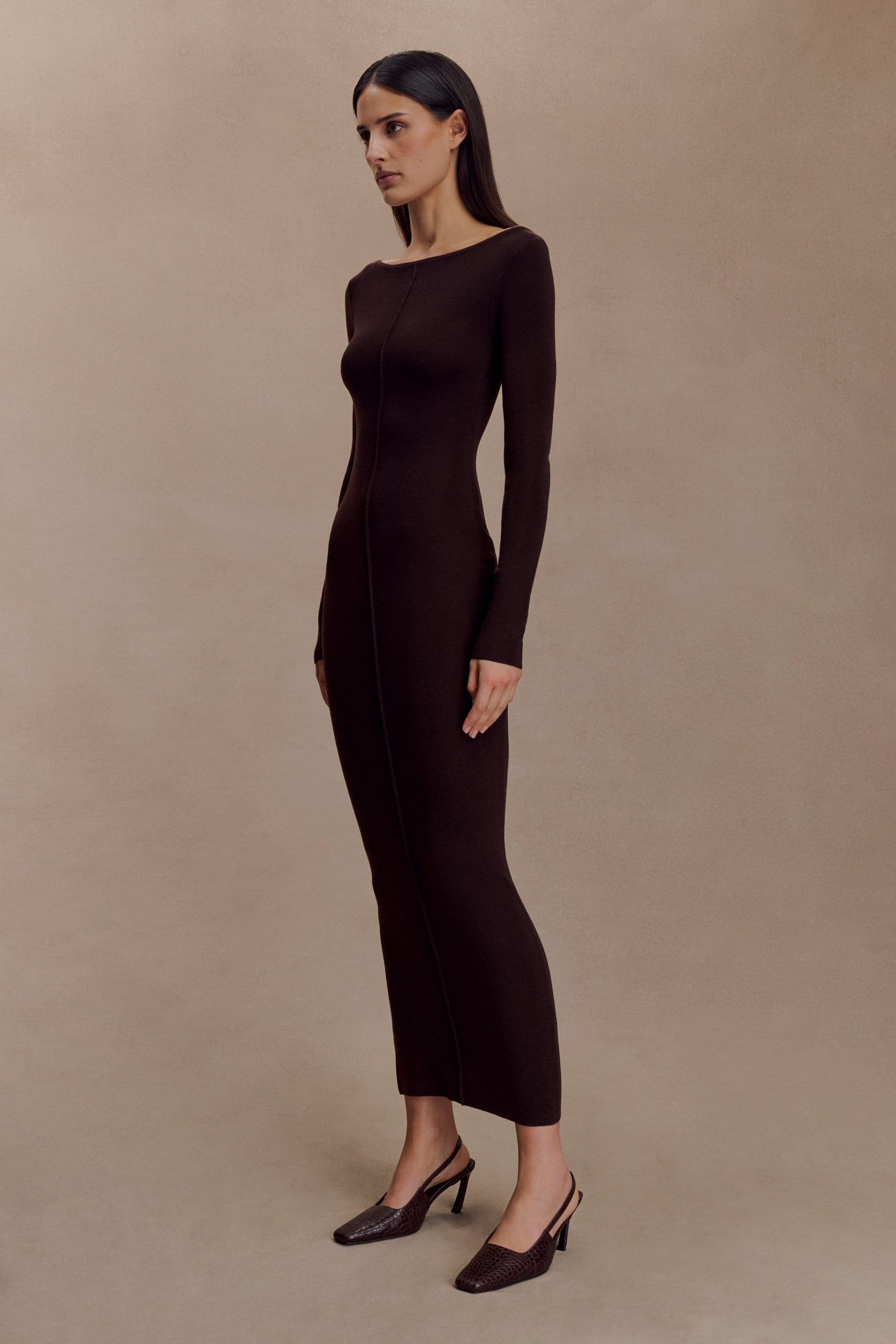 Cleona Merino Wool Ribbed Long Sleeve Maxi Dress - Deep Chocolate - Image 4