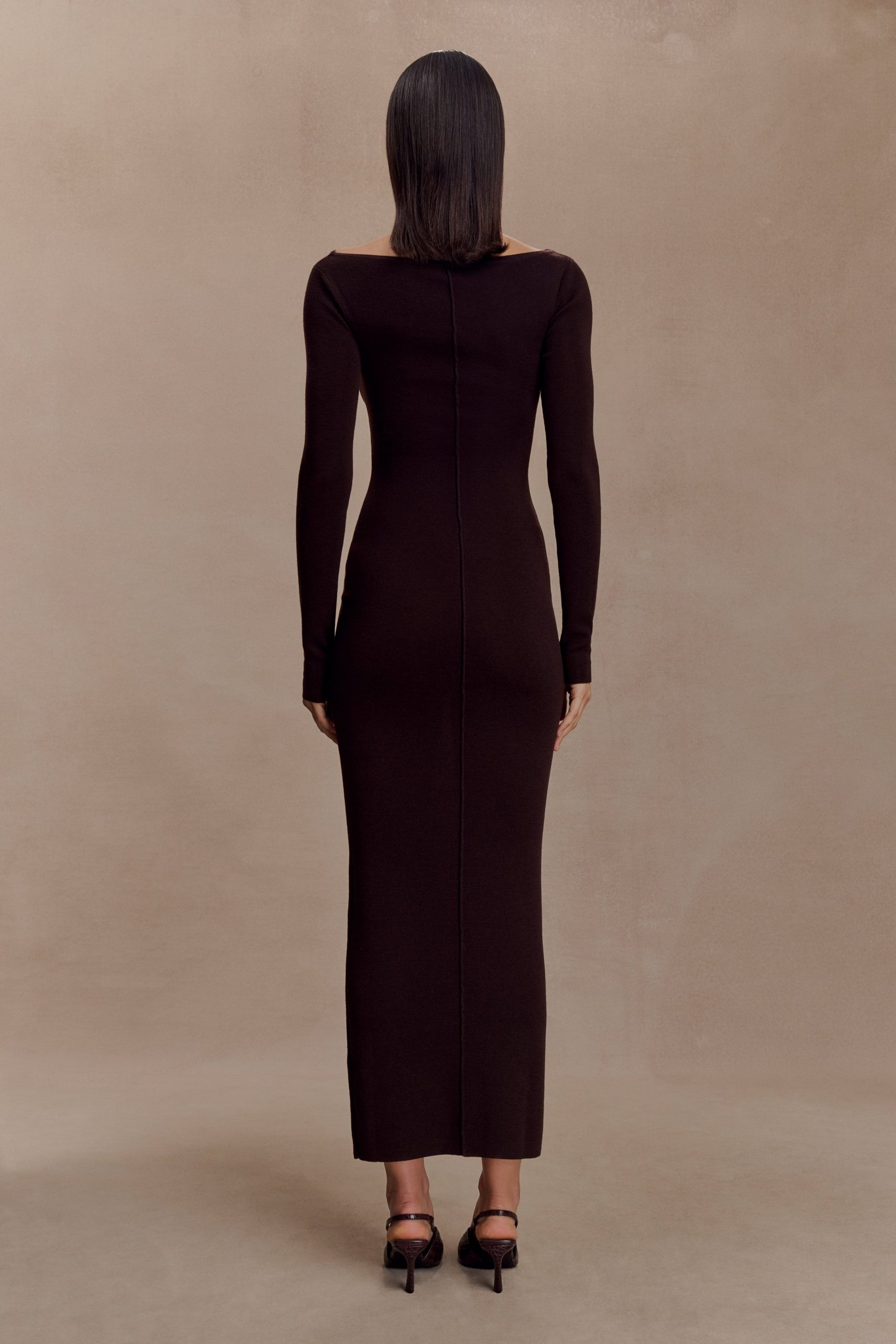 Cleona Merino Wool Ribbed Long Sleeve Maxi Dress - Deep Chocolate - Image 3