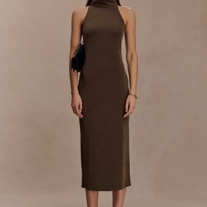 Kennedy High Neck Midi Dress - Chocolate