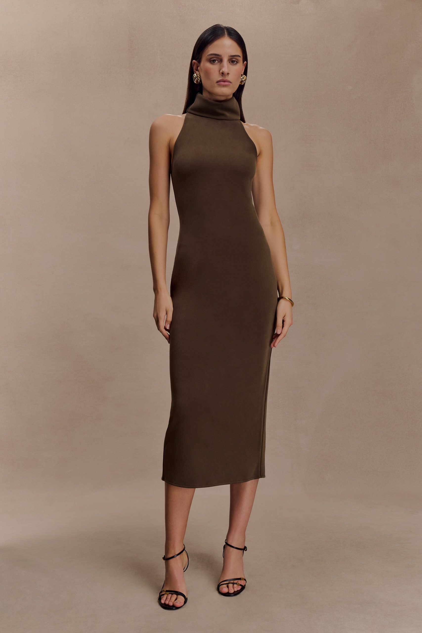 Kennedy High Neck Midi Dress - Chocolate - Image 6