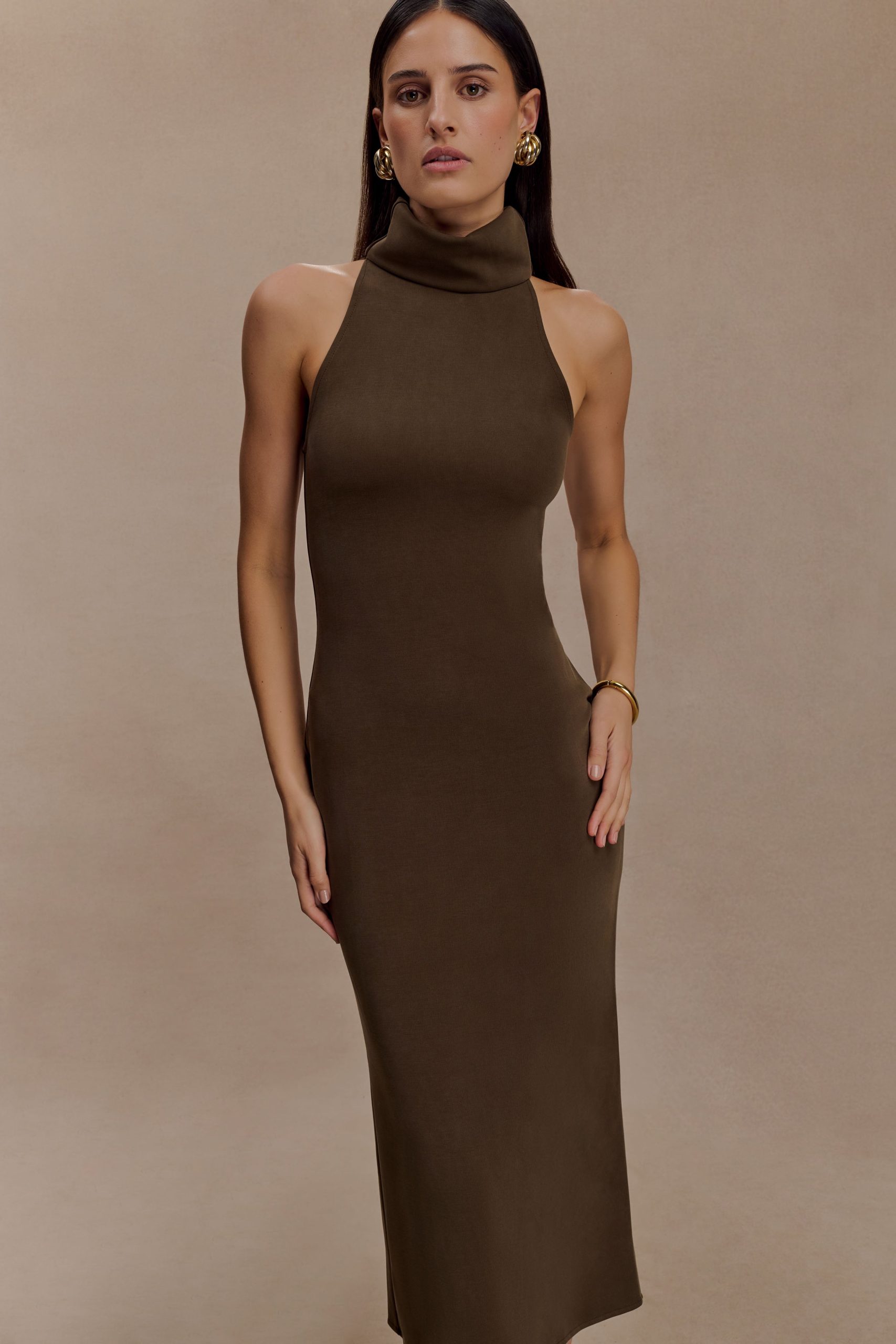 Kennedy High Neck Midi Dress - Chocolate - Image 7