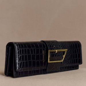 Jessica Faux Leather Crocodile Clutch - Black