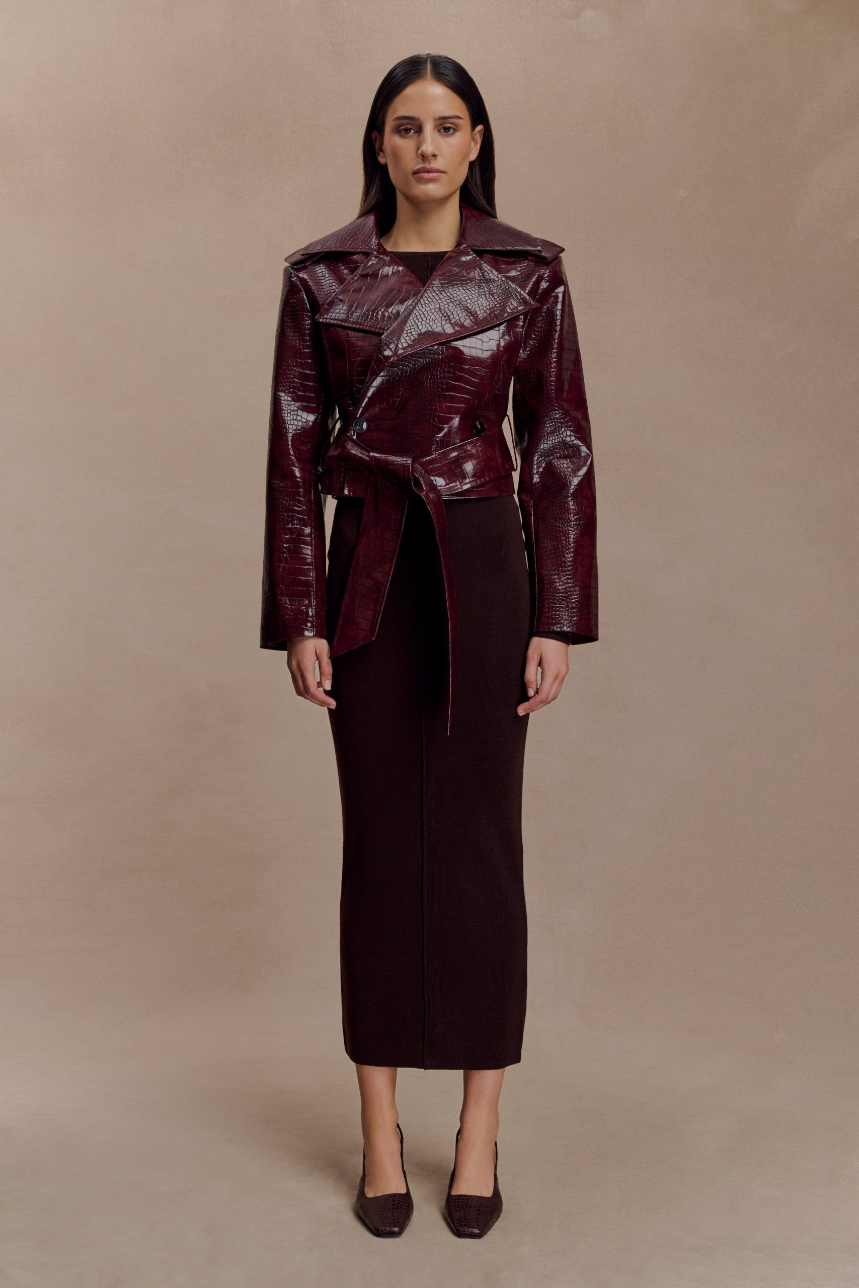 Archie Croc Faux Leather Cropped Jacket - Burgundy - Image 8