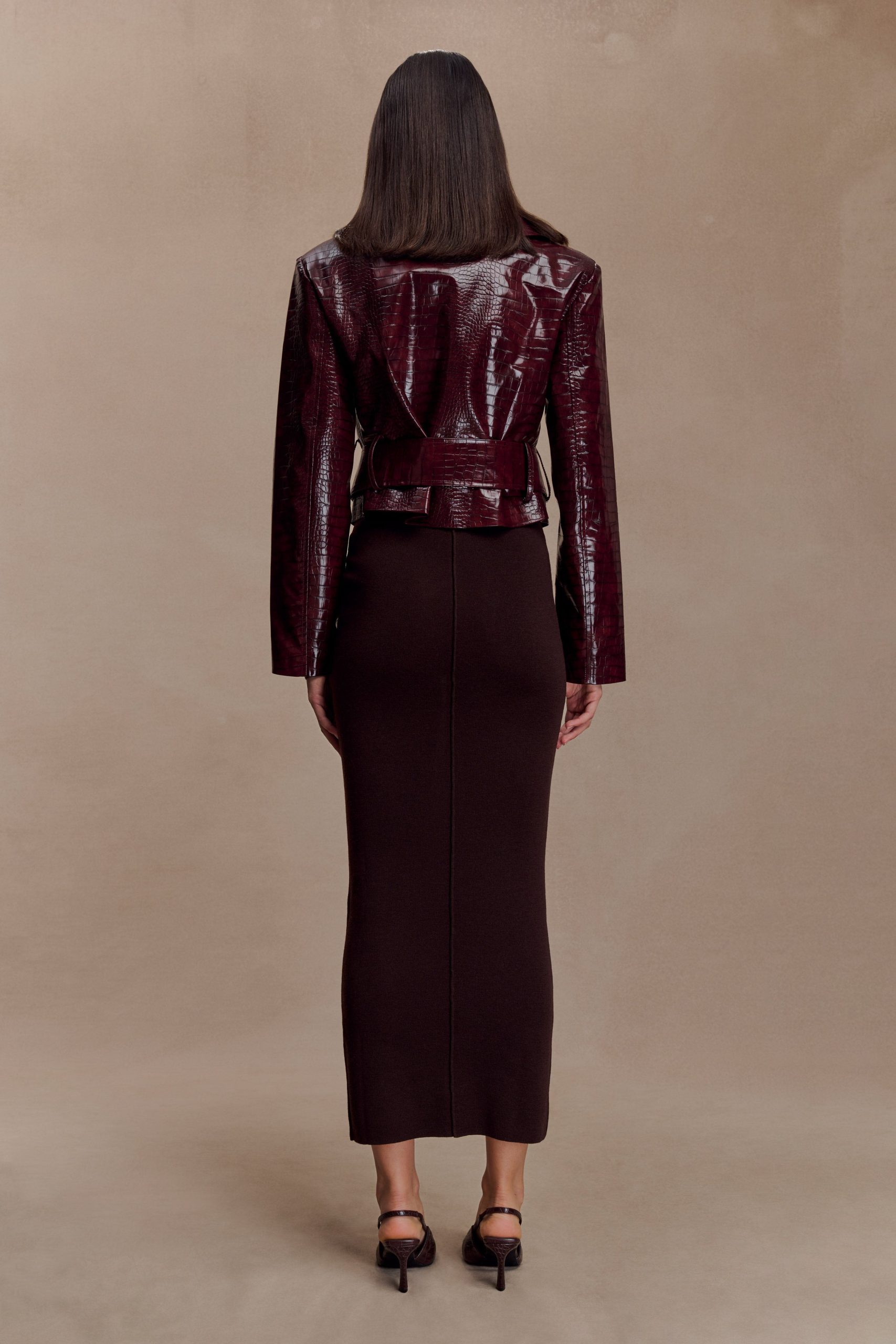 Archie Croc Faux Leather Cropped Jacket - Burgundy - Image 6