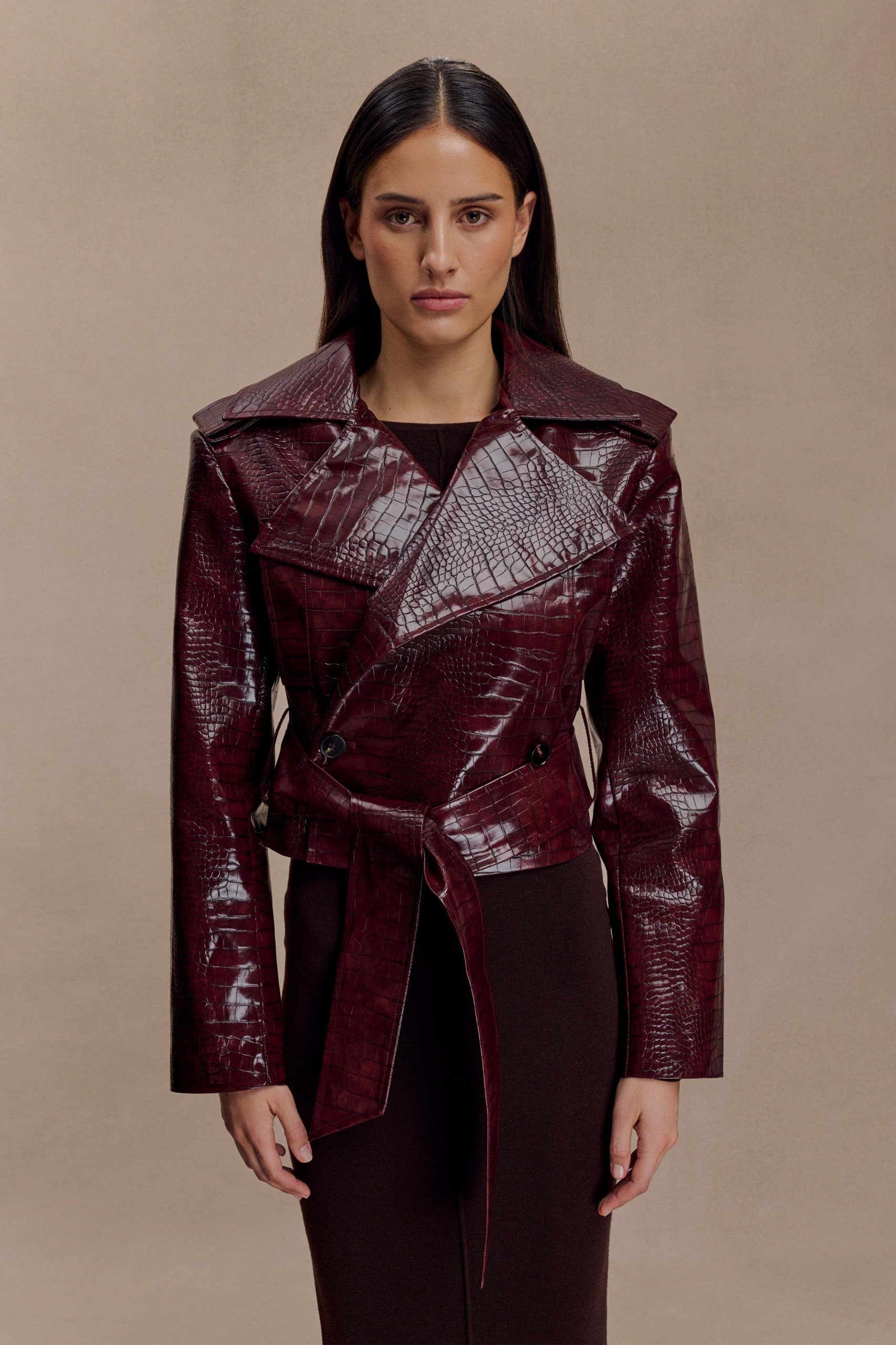 Archie Croc Faux Leather Cropped Jacket - Burgundy - Image 2