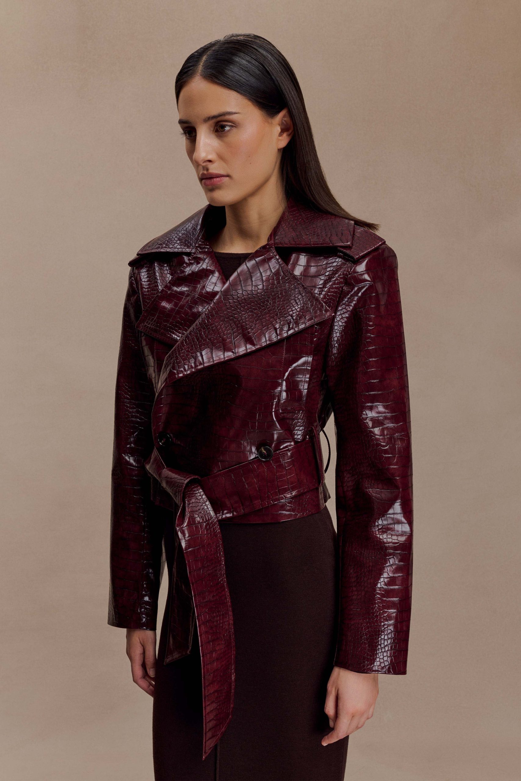 Archie Croc Faux Leather Cropped Jacket - Burgundy - Image 4