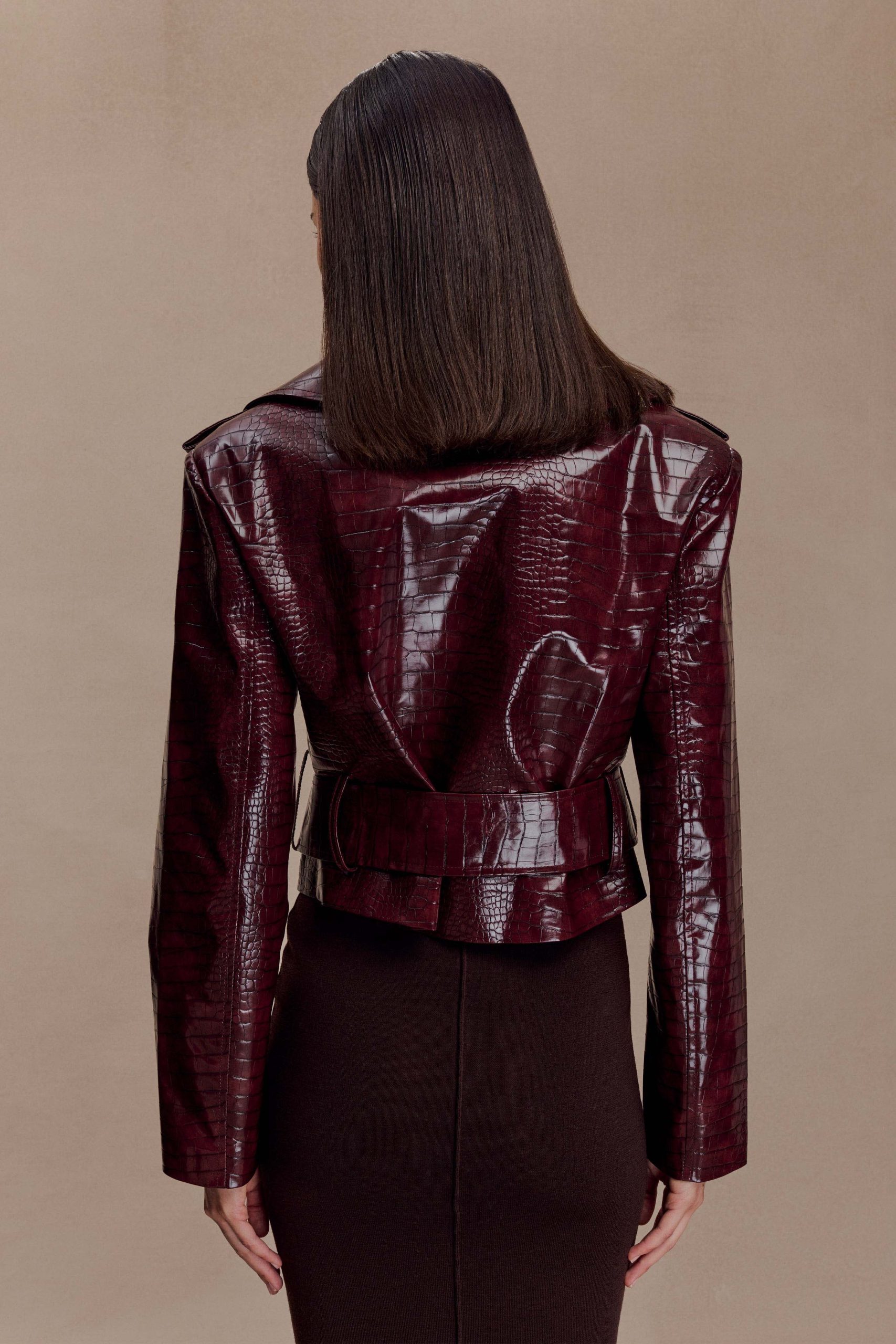 Archie Croc Faux Leather Cropped Jacket - Burgundy - Image 5
