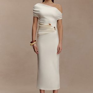 Kendra Scuba Jersey Midi Dress With Hardware - Ivory