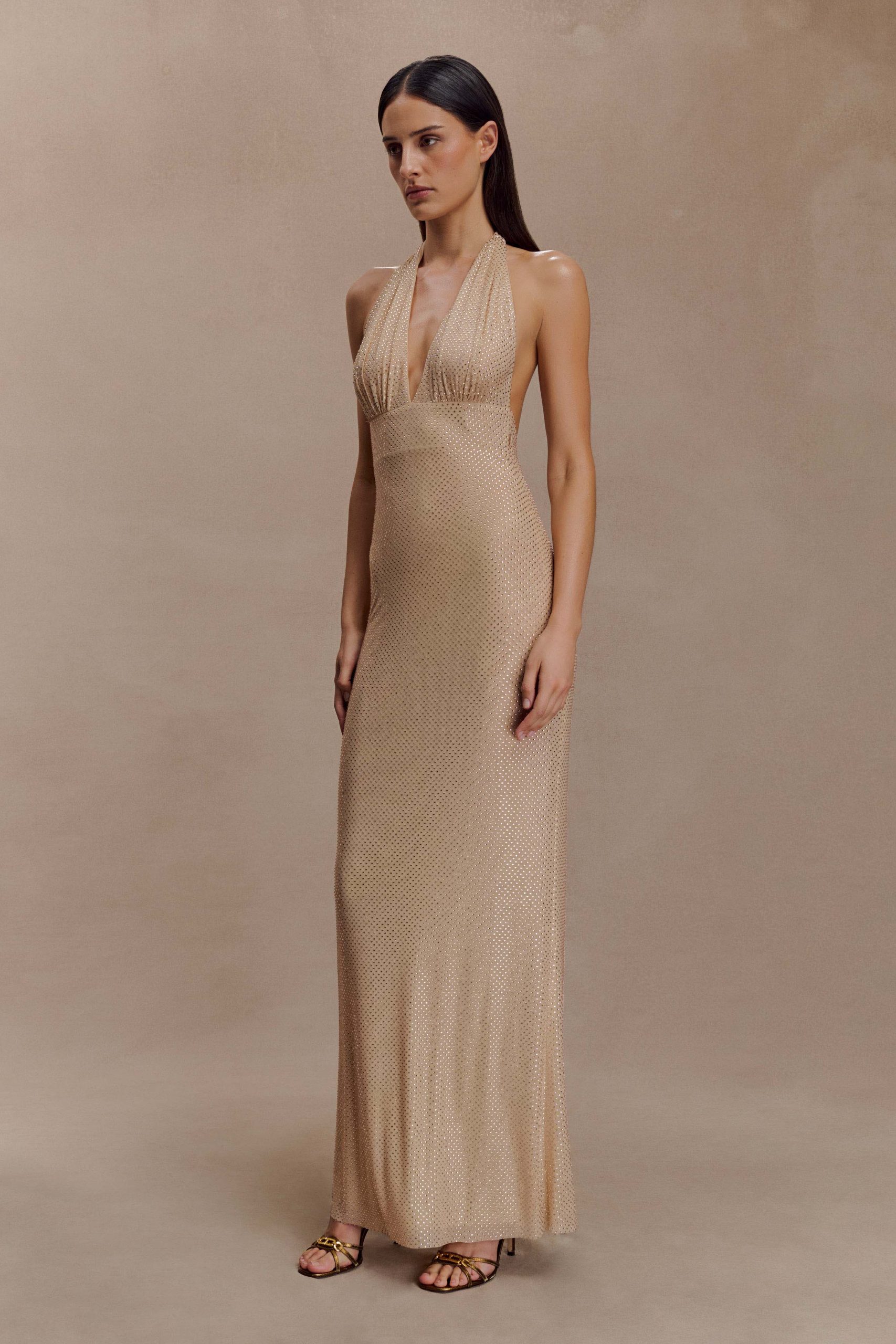 Harriet Halter Neck Diamante Maxi Dress - Sandy Gold - Image 7