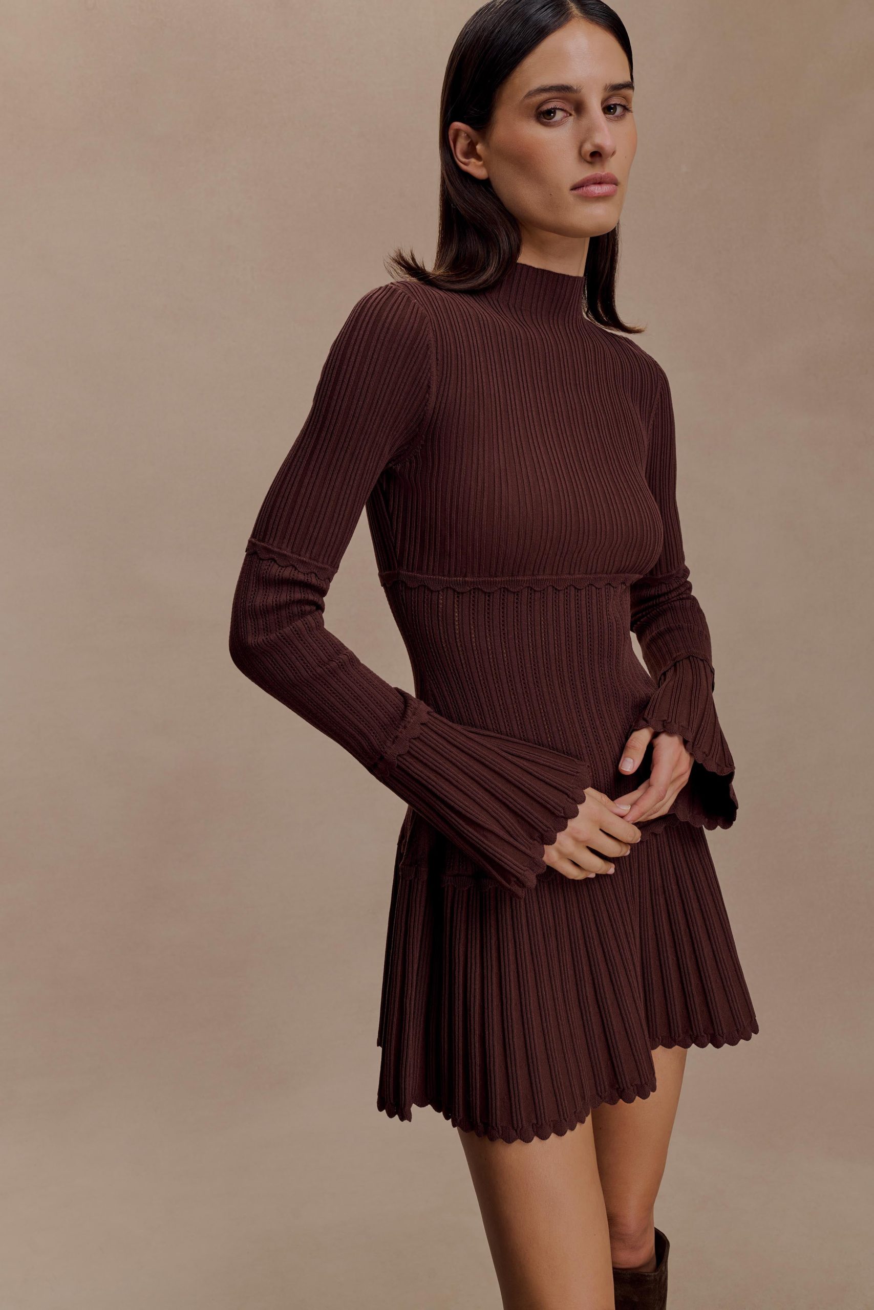 Adena Pointelle Knit Mini Dress - Chocolate - Image 4