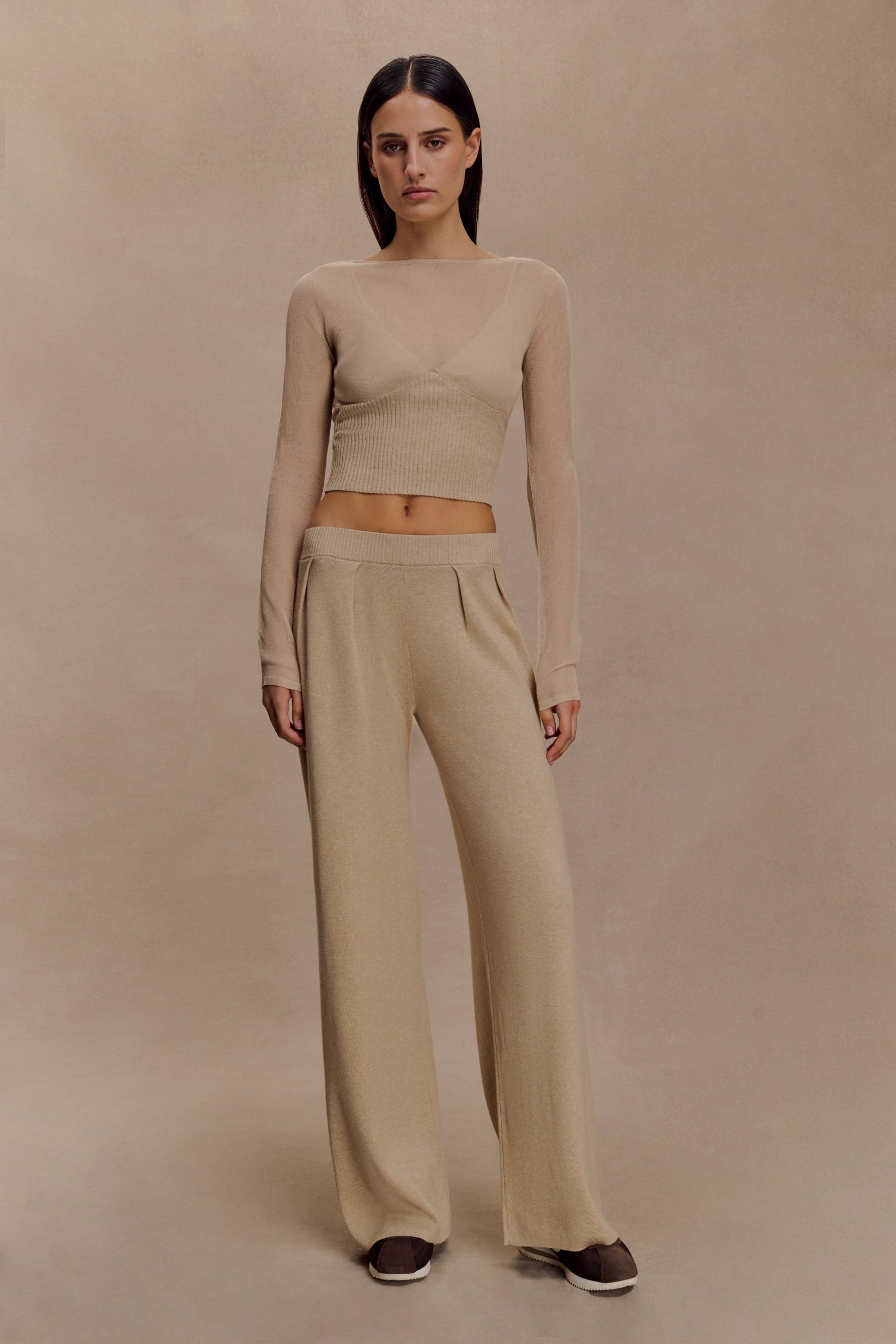 Frannie Gathered Silk Blend Knit Pants - Sand - Image 3