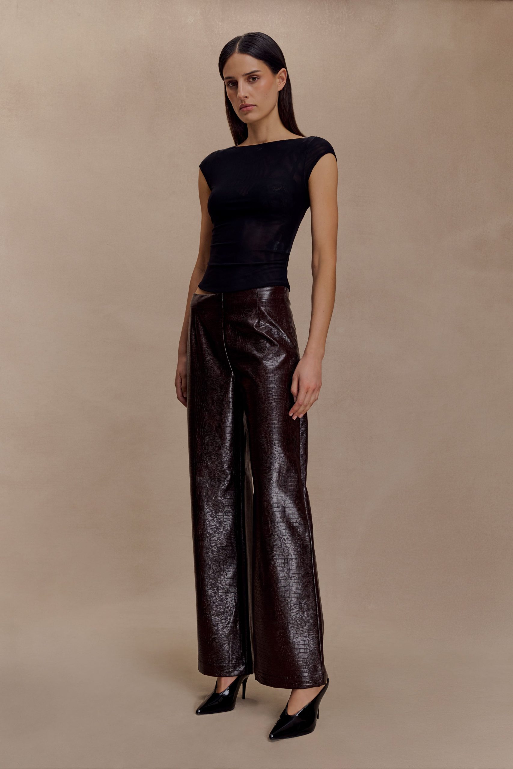Henry Croc Faux Leather Straight Leg Pants - Dark Chocolate - Image 5