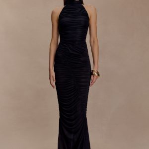 Matilda Ruched Mesh Maxi Skirt - Black