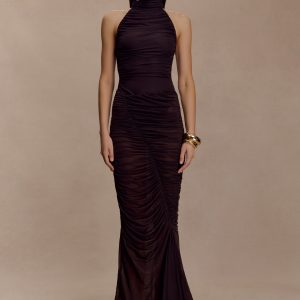 Matilda Ruched Mesh Maxi Skirt - Chocolate