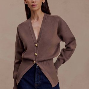 Amanda Statement Button Knit Cardigan - Cacao Brown