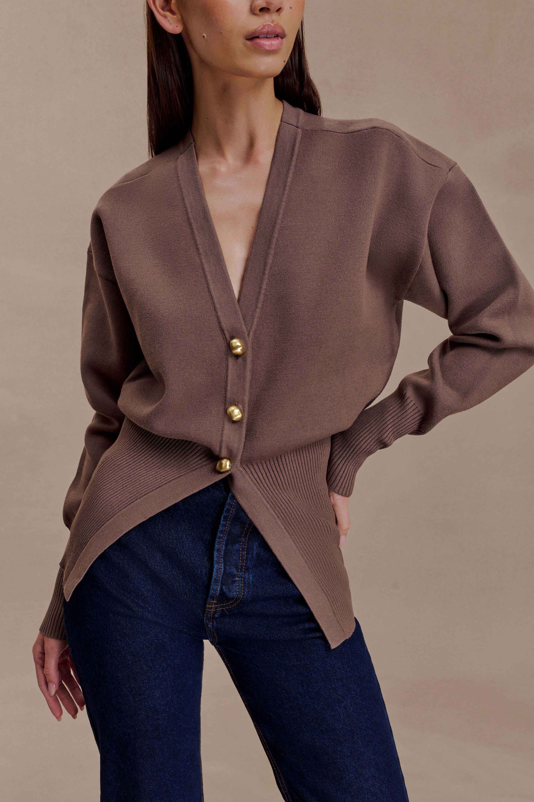 Amanda Statement Button Knit Cardigan - Cacao Brown - Image 2