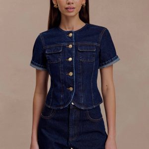 Marge Fitted Denim Short Sleeve Top - Indigo Blue