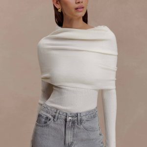 Mazie Asymetrical Cashmere Blend Long Sleeve Knit Top - Ivory