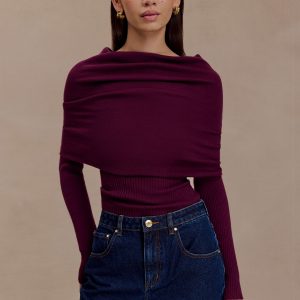 Mazie Asymetrical Cashmere Blend Long Sleeve Knit Top - Plum