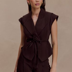 Charley Structured Tie Denim Top - Chocolate