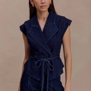 Charley Structured Tie Denim Top - Indigo Blue