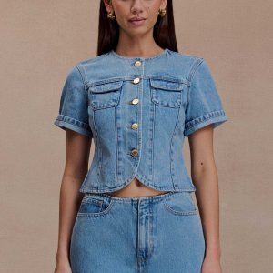 Marge Fitted Denim Short Sleeve Top - Classic Blue
