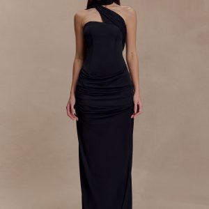 Mattea Slinky And Mesh Maxi Dress With Scarf - Black