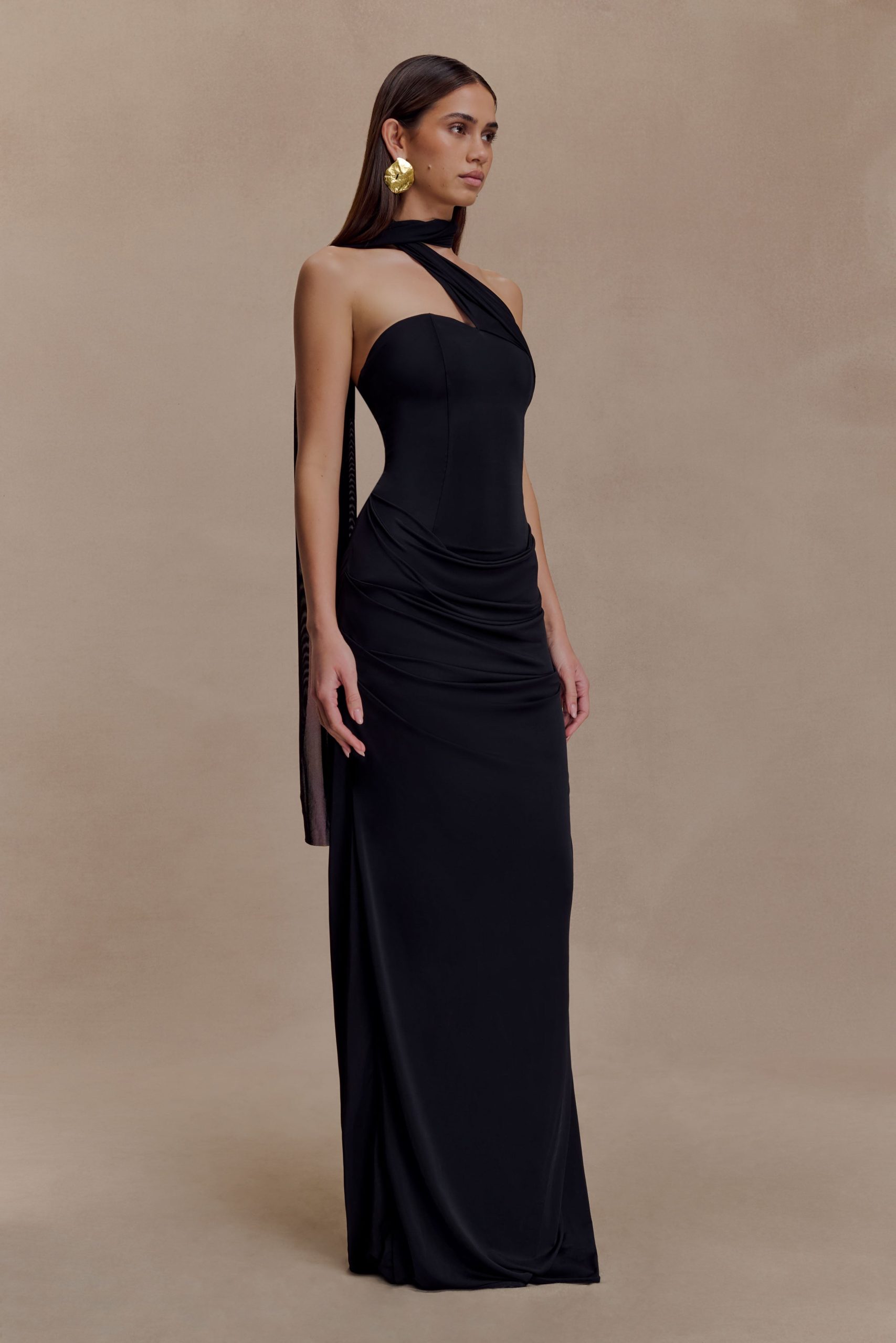Mattea Slinky And Mesh Maxi Dress With Scarf - Black - Image 3
