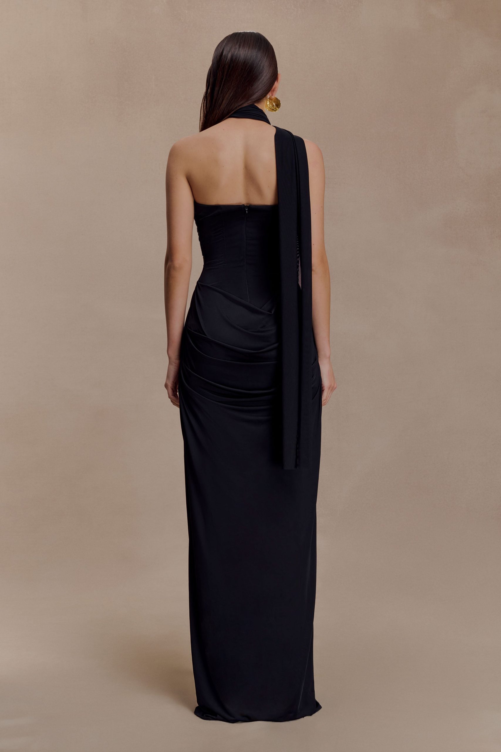 Mattea Slinky And Mesh Maxi Dress With Scarf - Black - Image 2