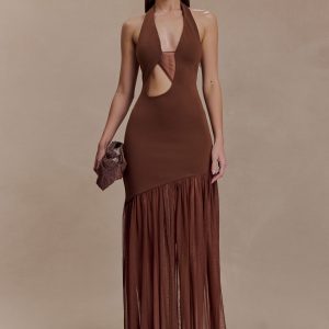 Aubree Crepe And Mesh Maxi Dress - Chocolate/Mocha