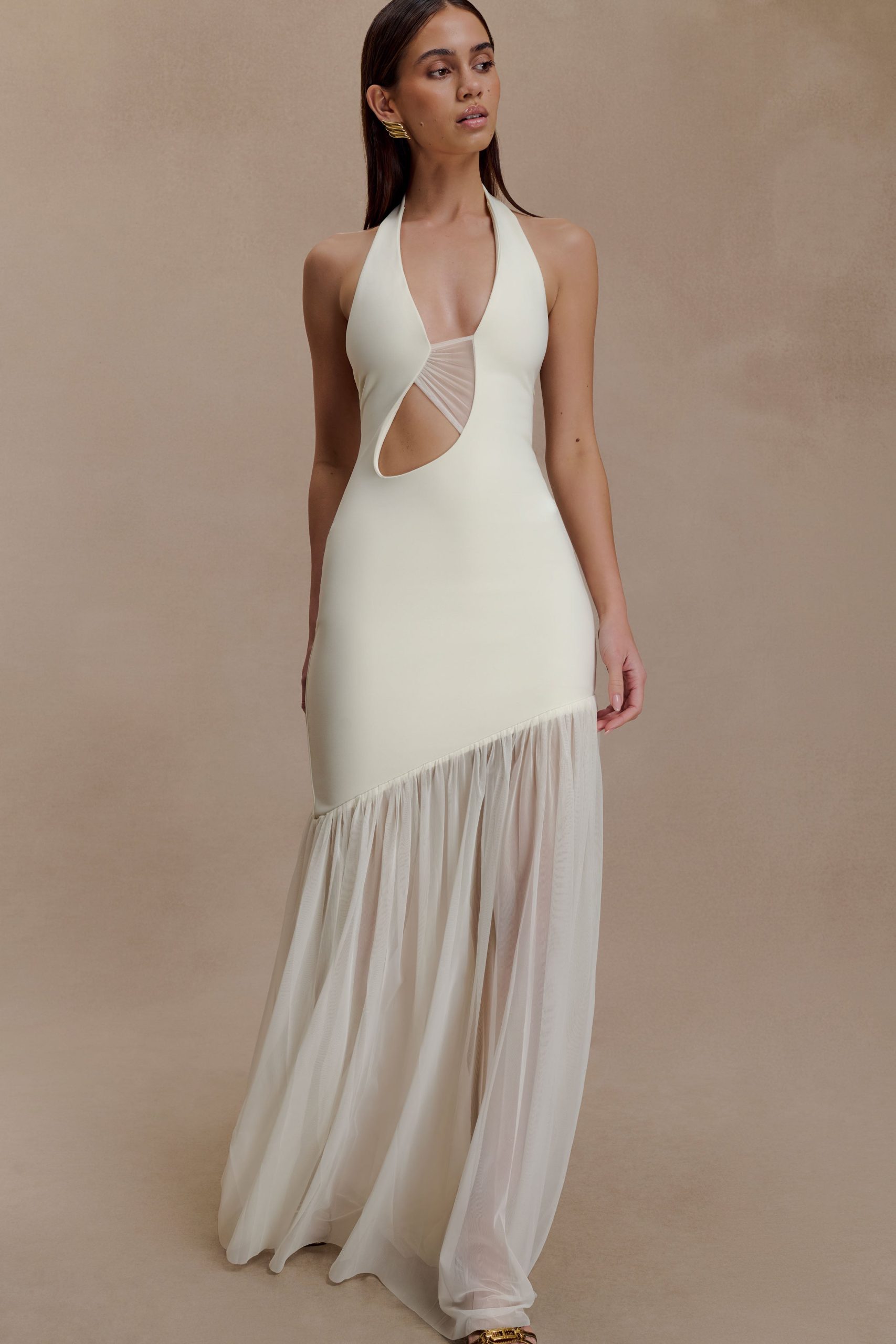 Aubree Crepe And Mesh Maxi Dress - Ivory - Image 3